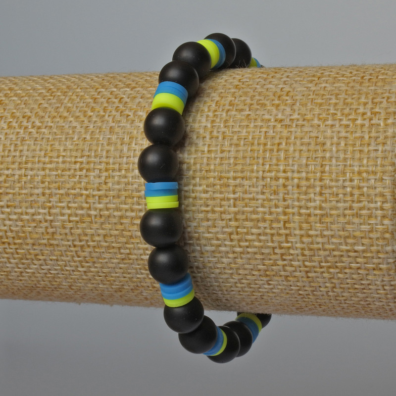 "Ukraine" Bracelet, Shungite (imitation) and Polymer Clay, diameter 8mm, 6x1mm+/-, length 18cm +/- (stretch)