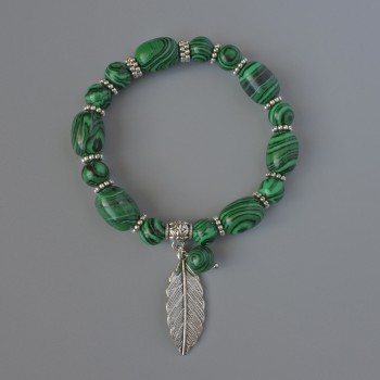 Malachite (pressed) Bracelet, diameter 10x14mm, 8mm+/-, length 18cm +/- with metal inserts (stretch)