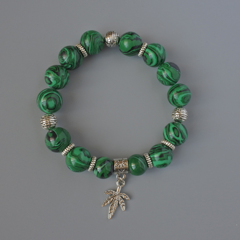Malachite (pressed) Bracelet, smooth round beads, diameter 12mm+/-, length 18cm +/- with metal inserts (stretch)