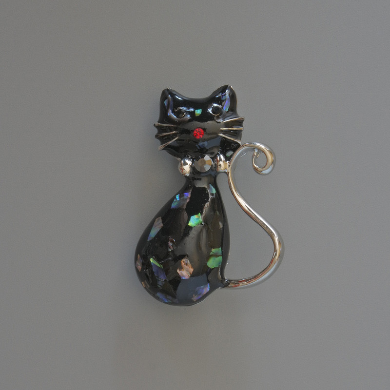 Cat Brooch Pendant, Black Enamel & Abalone Shell, Rhinestones, Silver-Tone Metal, 25x39mm
