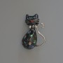 Cat Brooch Pendant, Black Enamel & Abalone Shell, Rhinestones, Silver-Tone Metal, 25x39mm