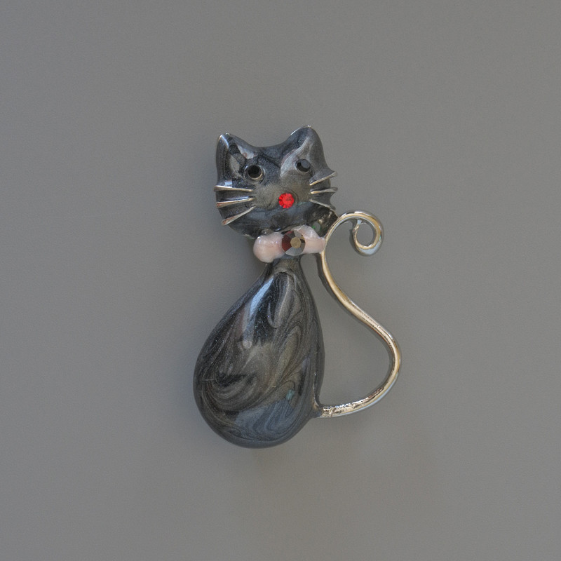 Cat Brooch Pendant, Black Mother-of-Pearl Enamel with Glitter, Rhinestones, Silver-Tone Metal, 25x39mm