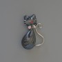 Cat Brooch Pendant, Black Mother-of-Pearl Enamel with Glitter, Rhinestones, Silver-Tone Metal, 25x39mm