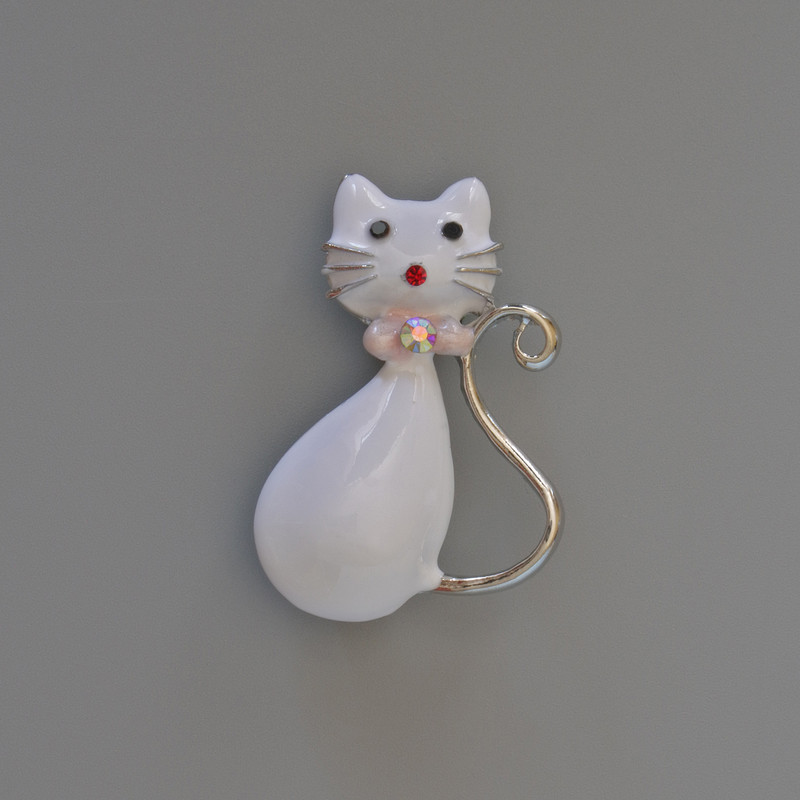 Cat Brooch Pendant, White Enamel, Rhinestones, Silver-Tone Metal, 25x39mm
