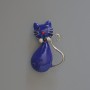 Cat Brooch Pendant, Blue Enamel, Rhinestones, Silver-Tone Metal, 25x39mm