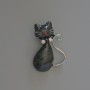 Cat Brooch Pendant, Grey Mother-of-Pearl Enamel with Glitter, Rhinestones, Silver-Tone Metal, 25x39mm