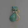 Cat Brooch Pendant, Dark Green Mother-of-Pearl Enamel with Glitter, Rhinestones, Gold-Tone Metal, 25x39mm