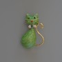 Cat Brooch Pendant, Green Mother-of-Pearl Enamel with Glitter, Rhinestones, Gold-Tone Metal, 25x39mm