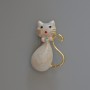 Cat Brooch Pendant, White Mother-of-Pearl Enamel with Glitter, Rhinestones, Gold-Tone Metal, 25x39mm
