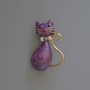 Cat Brooch Pendant, Violet Pearlescent Enamel with Sparkle Flecks, Rhinestones, Gold-Tone Metal 25x39mm