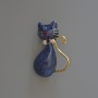 Cat Brooch Pendant, Blue Pearlescent Enamel with Sparkle Flecks, Rhinestones, Gold-Tone Metal 25x39mm