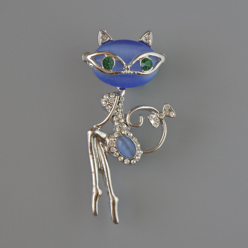 Kitty Brooch Pendant, Blue Cat's Eye, Green and White Rhinestones, Silver-Tone Metal 23x52mm