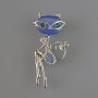 Kitty Brooch Pendant, Blue Cat's Eye, Green and White Rhinestones, Silver-Tone Metal 23x52mm