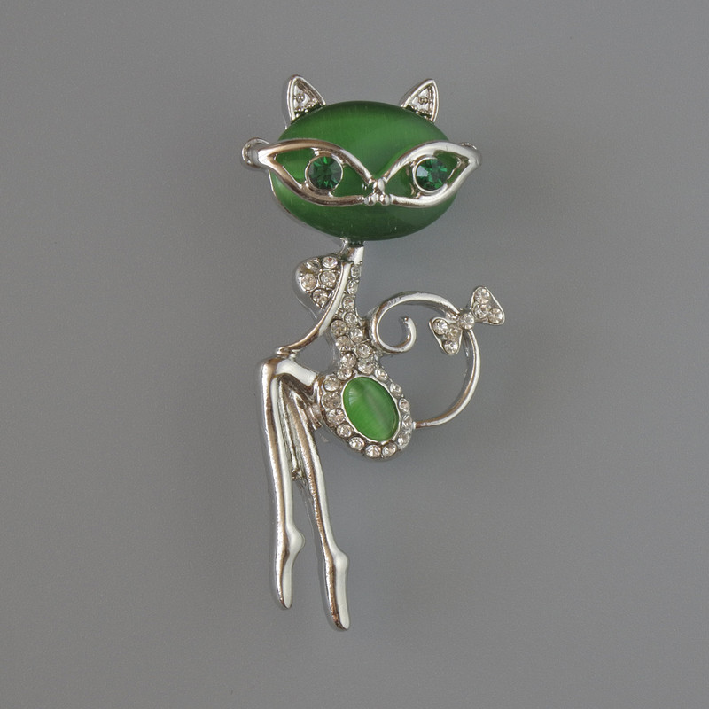 Kitty Brooch Pendant, Green Cat's Eye, Green and White Rhinestones, Silver-Tone Metal 23x52mm