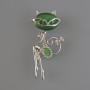 Kitty Brooch Pendant, Green Cat's Eye, Green and White Rhinestones, Silver-Tone Metal 23x52mm