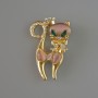 Kitten Brooch Pendant, Pink Cat's Eye, Green Crystals, Pink and White Rhinestones, Gold-Tone Metal 28x43mm