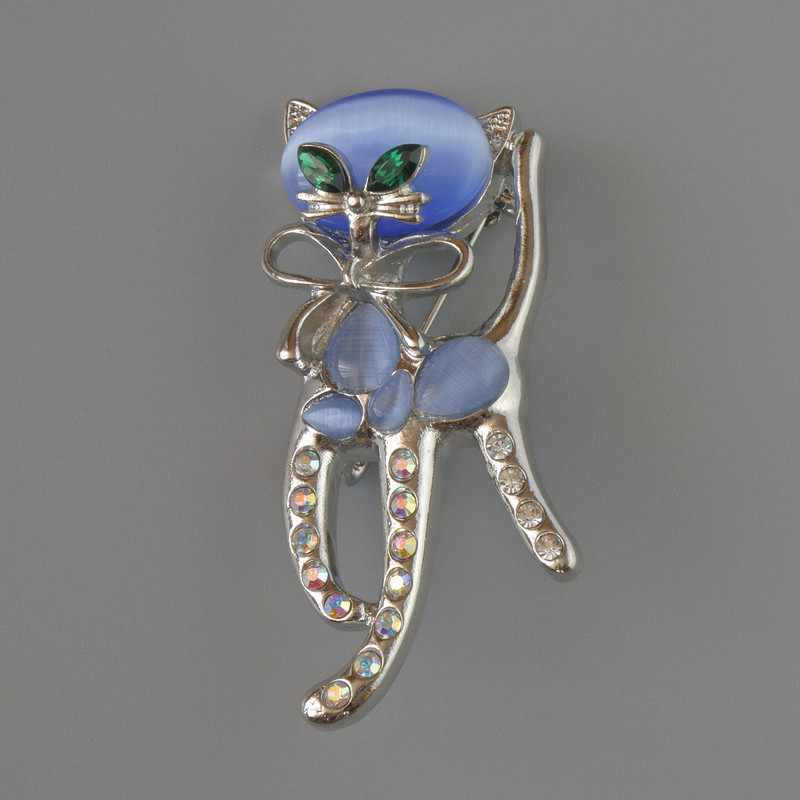 Kitten Brooch Pendant, Blue Cat's Eye, Green Crystals, Pink and White Rhinestones, Silver-Tone Metal 25x55mm