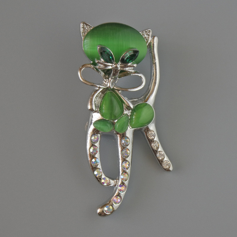 Kitten Brooch Pendant, Green Cat's Eye, Green Crystals, Pink and White Rhinestones, Silver-Tone Metal 25x55mm