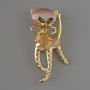 Kitten Brooch Pendant, Pink Cat's Eye, Green Crystals, Pink and White Rhinestones, Gold-Tone Metal 25x55mm