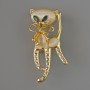 Kitten Brooch Pendant, White Cat's Eye, Green Crystals, Pink and White Rhinestones, Gold-Tone Metal 25x55mm