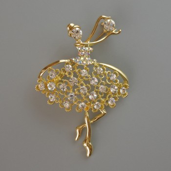 Ballerina Brooch, White and Pink Rhinestones, Gold-Tone Metal 39x54mm
