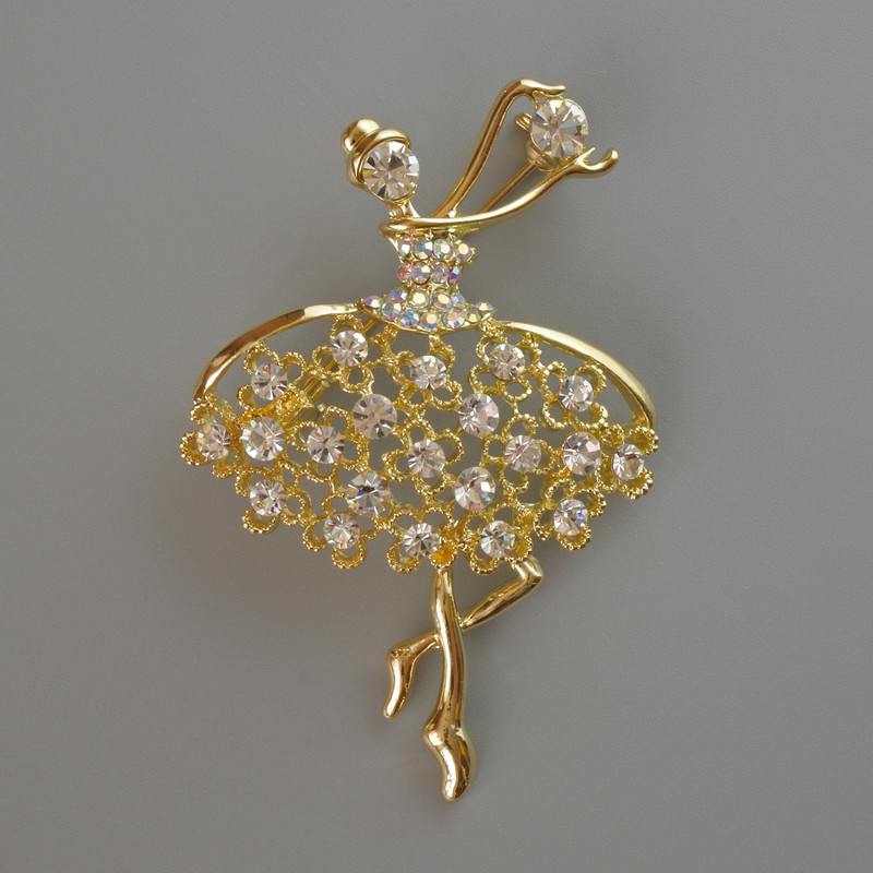 Ballerina Brooch, White and Pink Rhinestones, Gold-Tone Metal 39x54mm