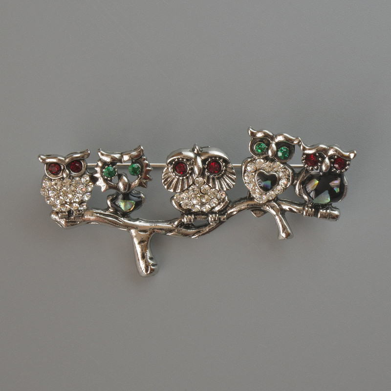 Owl Brooch, Coloured Rhinestones, Black Enamel and Abalone Shell, Silver-Tone Metal 52x26mm