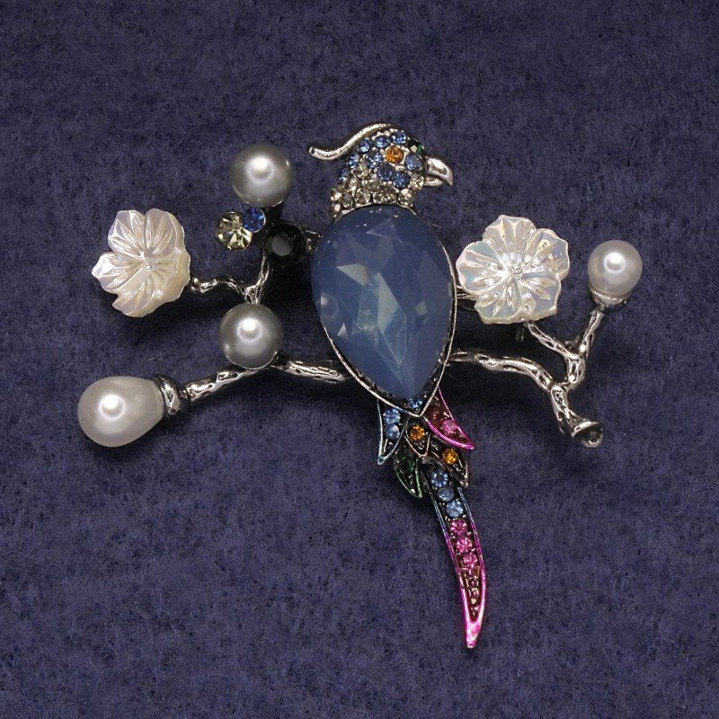 Parrot Brooch Pendant with Blue Crystal, Colourful Rhinestones and Beads, Silver-tone Metal 50x48mm