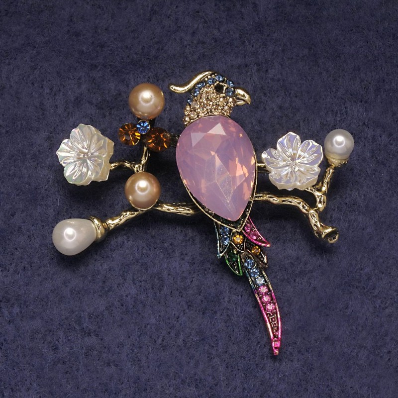 Parrot Brooch Pendant, Pink Crystal, Coloured Rhinestones and Beads, Gold-Tone Metal 50x48mm