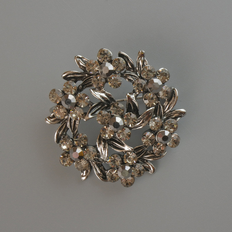 Flower Brooch, Grey Rhinestones, Silver-Tone Metal 37x37mm