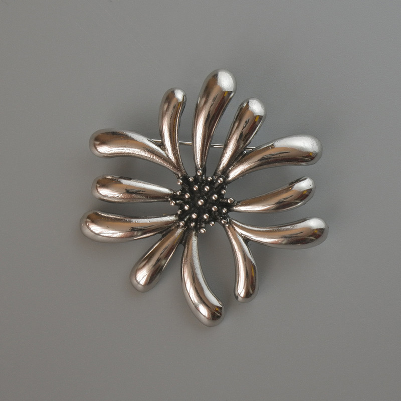 Flower Brooch Pendant, Silver-Tone Metal 49x50mm