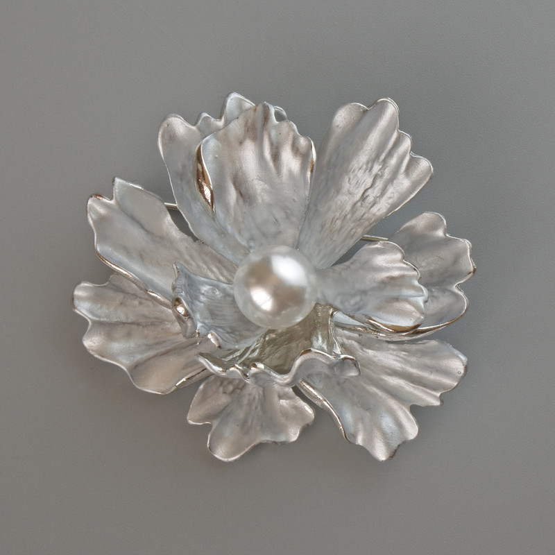 Flower Brooch Pendant, Grey Matte Enamel and White Bead, Silver-Tone Metal 46x43mm