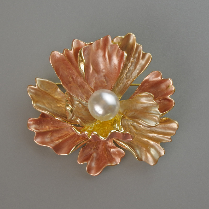 Flower Brooch Pendant, Beige Matte Enamel and White Bead, Gold-Tone Metal 46x43mm