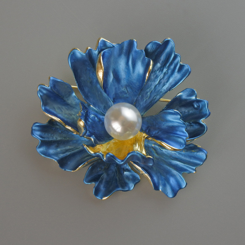 Flower Brooch Pendant, Blue Matte Enamel and White Bead, Gold-Tone Metal 46x43mm