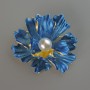 Flower Brooch Pendant, Blue Matte Enamel and White Bead, Gold-Tone Metal 46x43mm