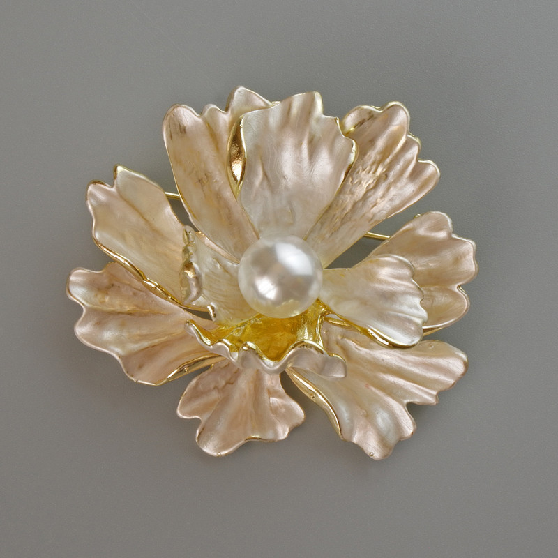Flower Brooch Pendant, White Matte Enamel and White Bead, Gold-Tone Metal 46x43mm