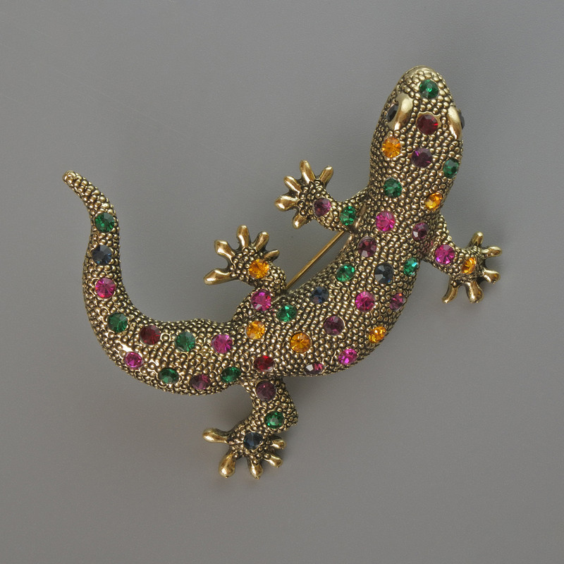 Lizard Pendant Brooch, Multicolour Rhinestones, Gold-Tone Metal, 54x46mm