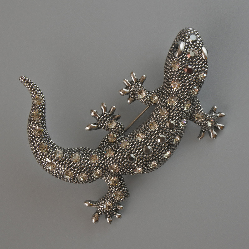 Lizard Pendant Brooch, White & Black Rhinestones, Silver-Tone Metal, 54x46mm