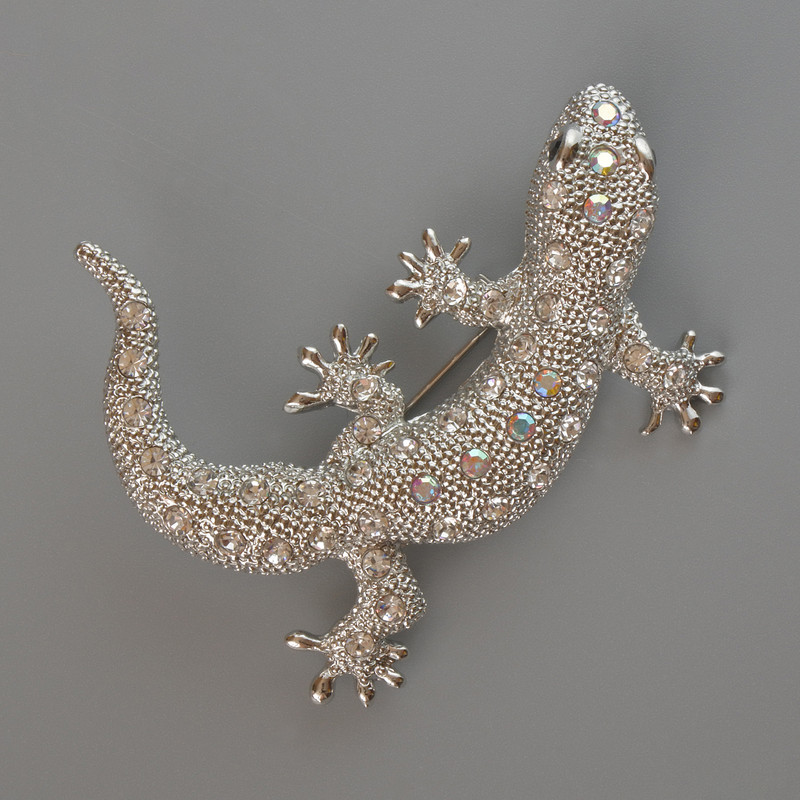 Lizard Pendant Brooch, White & Pink Rhinestones, Light Silver-Tone Metal, 54x46mm