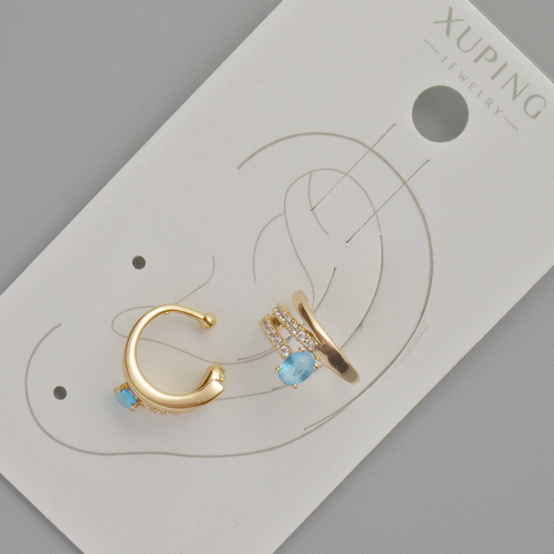 Xuping Ear Cuff with Blue Crystal and White Rhinestones, Diameter 11.5x5.5mm+/- 18K Gold Plating
