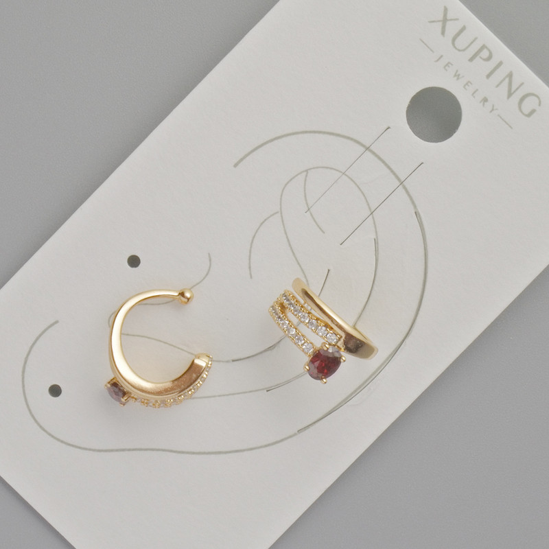 Xuping Ear Cuff with Red Crystal and White Rhinestones, Diameter 11.5x5.5mm+- 18K Gold Plated
