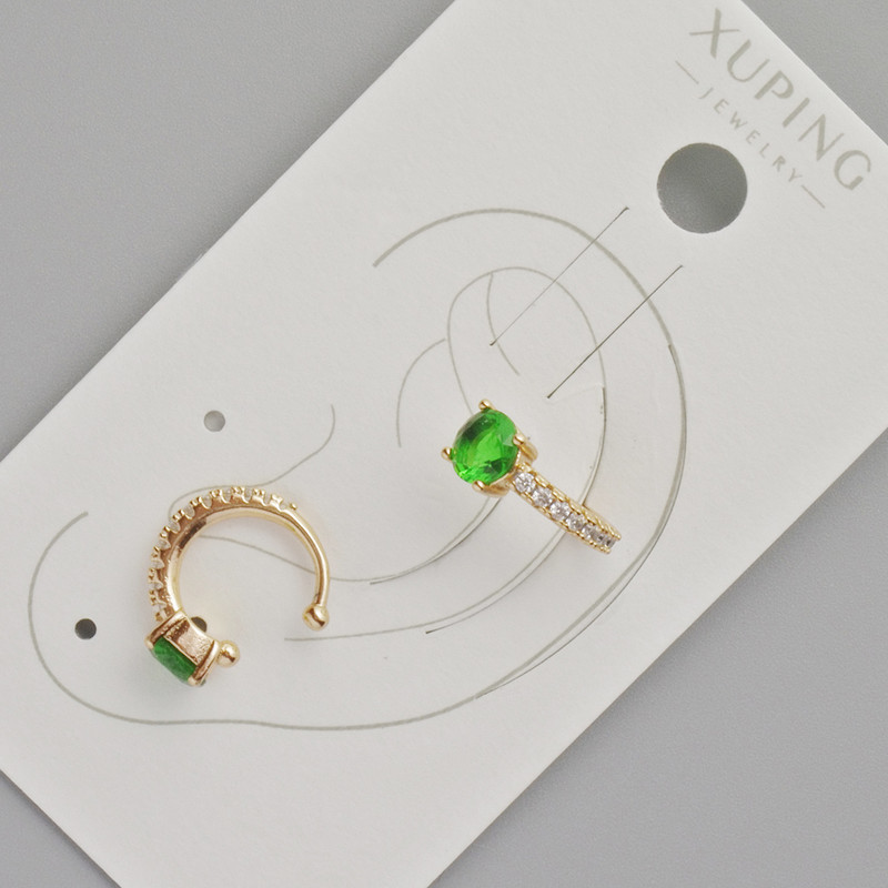 Xuping Ear Cuff with Green Crystal and White Rhinestones, Diameter 13x5mm+- 18K Gold Plated