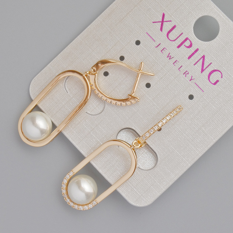 Xuping Earrings with White Rhinestones and Majorca Pearl Bead, Diameter 24x11mm+-, Length 40mm+- 18K Gold Plated