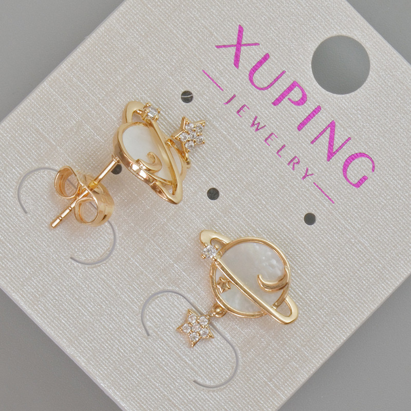 Xuping "Saturn" Stud Earrings, White Mother-of-Pearl and Rhinestones, Diameter 15.5x15mm+- 18K Gold Plating