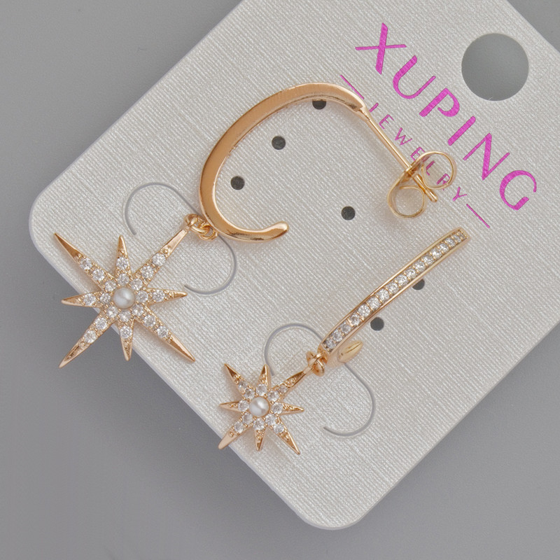 Xuping "Star" Stud Earrings with White Bead and Rhinestones, diameter 19mm, 12mm +-, length 42mm, 35mm+- 18K Gold Plated