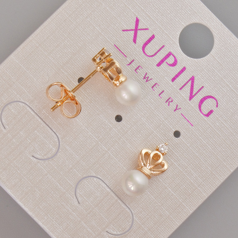 Xuping "Crown" Stud Earrings with White Bead and Rhinestones, Diameter 12x6mm+/- 18K Gold Plated