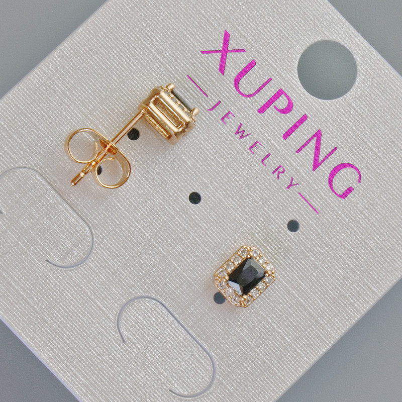 Xuping Stud Earrings with Black Crystal and White Rhinestones, Diameter 6.5x5.5mm+/- 18K Gold Plated