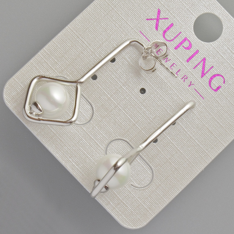 Xuping Stud Earrings with White Bead, Diameter 32x15.5mm+- Rhodium