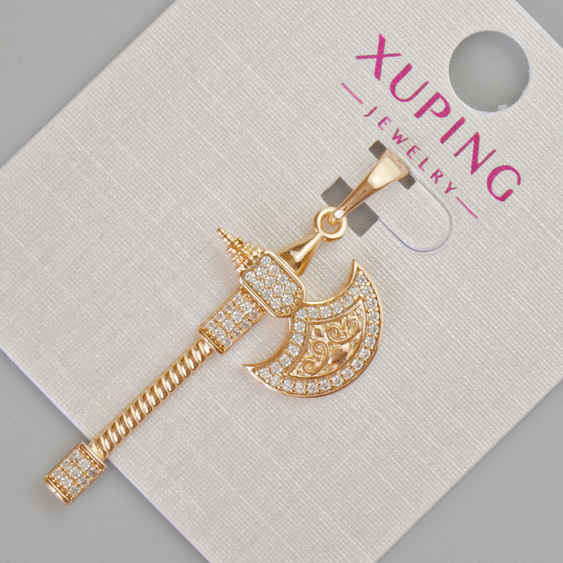 Xuping "Axe" Pendant with White Rhinestones, Diameter 40x17mm+/- 18K Gold Plated