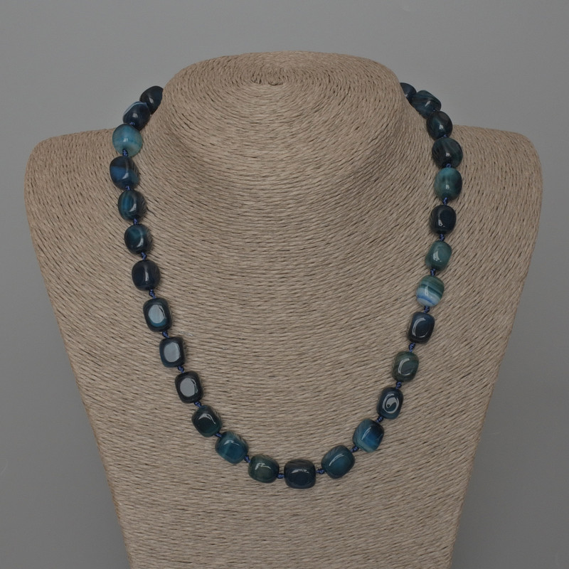Necklace Agate Blue Natural Stone Bar, diameter 9x12mm+/-, length 45cm+/- with clasp